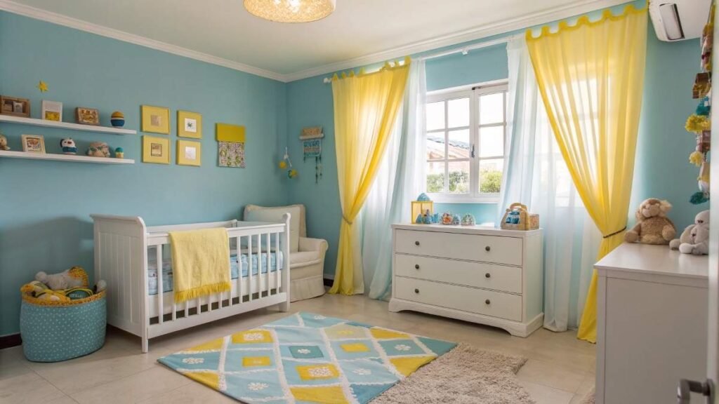 A nursery room with a mixed curtain