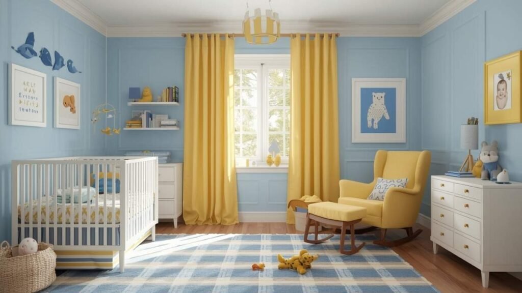 A stylish nursery room with rocking chair