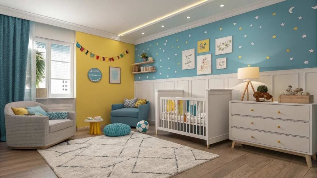 A stylish nursery room with wall art