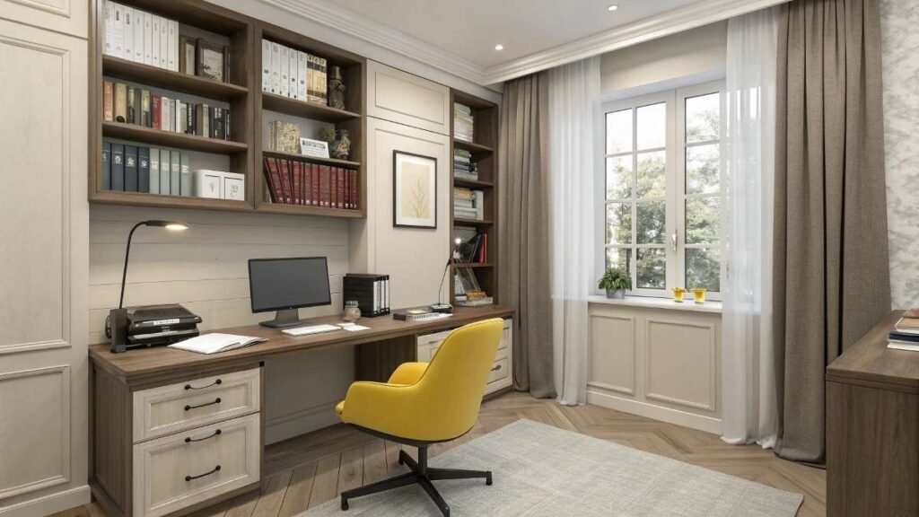 A Office with a Desk with a Yellow Chair