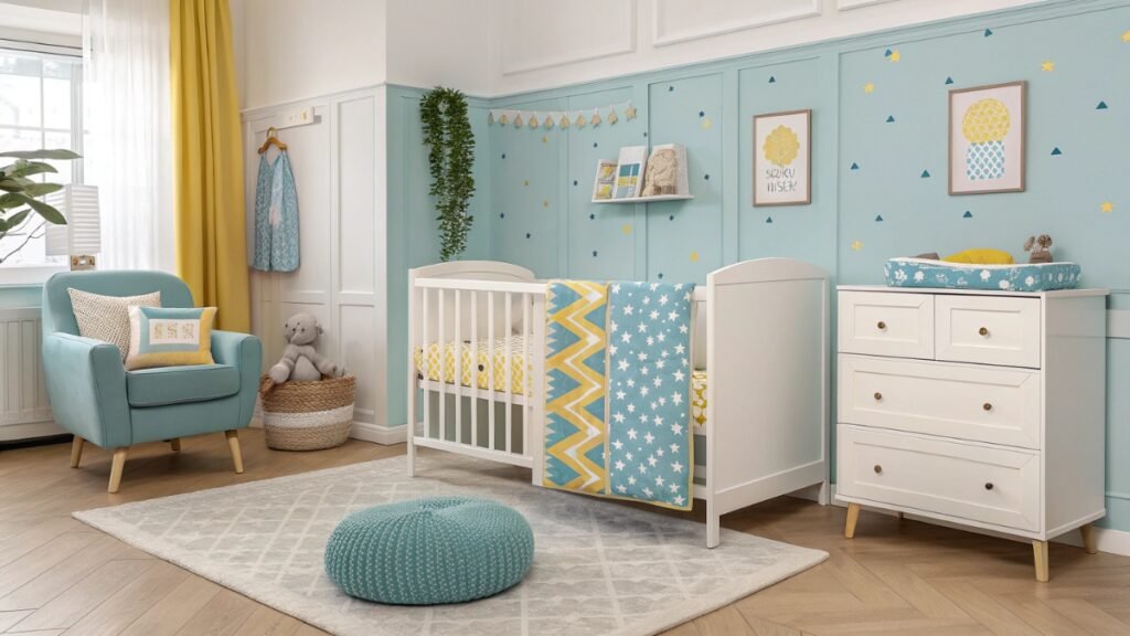 A Stylish Nursery Room with Patterned Crib Bedding
